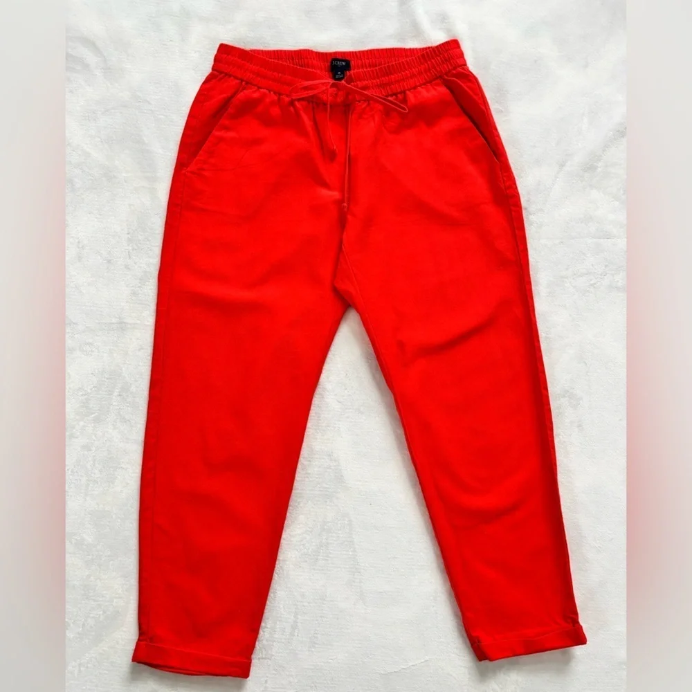 J.Crew Pants Orange Straight Leg Elastic Waist Drawstring Linen Size 6